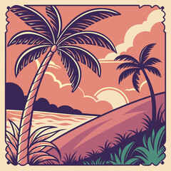 Vector tropical beach illustration with palm trees and a sunset silhouette