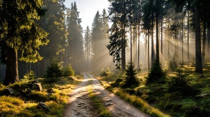Fototapeta premium Sunlight streams through a tranquil forest, illuminating a winding dirt path.