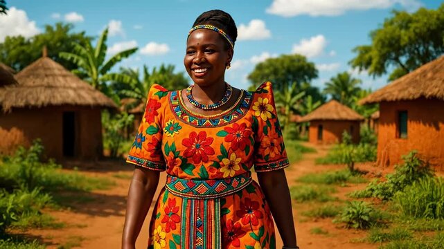 Smiling Ugandan Woman in Traditional Vibrant Gomesi Dress Walking Through a Rural Village with Thatched Huts and Green Landscape