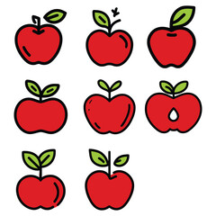 Collection of seven red apples with green leaves and black outlines in various styles and arrangements