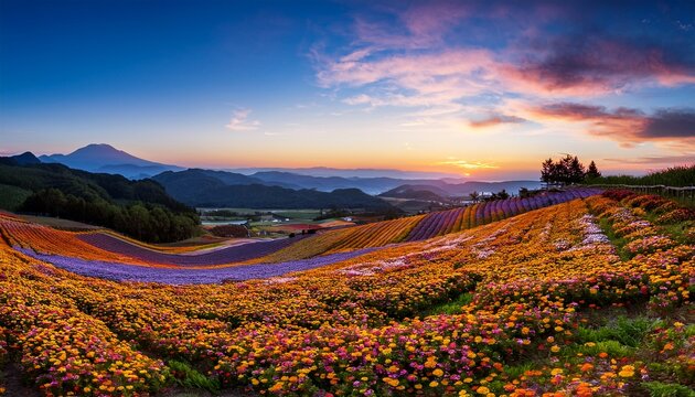peaceful landscape with furano flower fields at dusk
