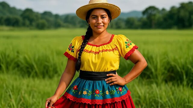 Smiling Woman in Traditional Panamanian Pollera Montuna Dress in Lush Green Agricultural Field, Cultural Heritage Portrait