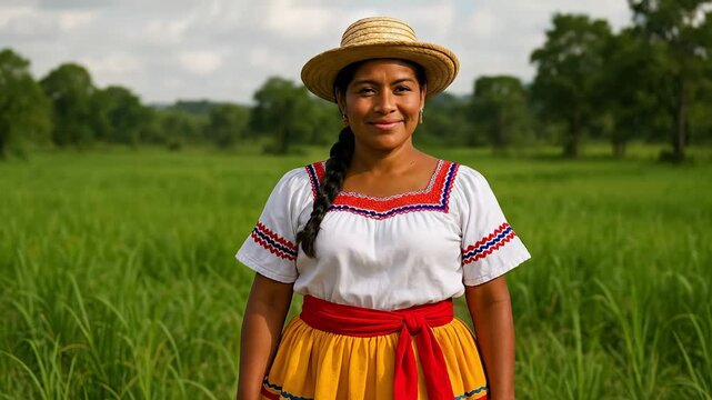 Smiling Woman in Traditional Panamanian Pollera Montuna Dress, embodying cultural heritage amidst a vibrant green agricultural field under a bright...
