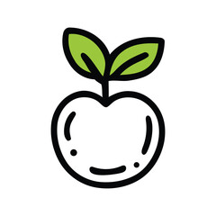 Illustration of a stylized apple with two green leaves on top in a simple black outline style
