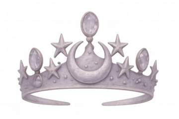 Sparkling silver crown featuring crescent moon, celestial stars, glittering crystals against transparent backdrop, ideal for magical royal designs