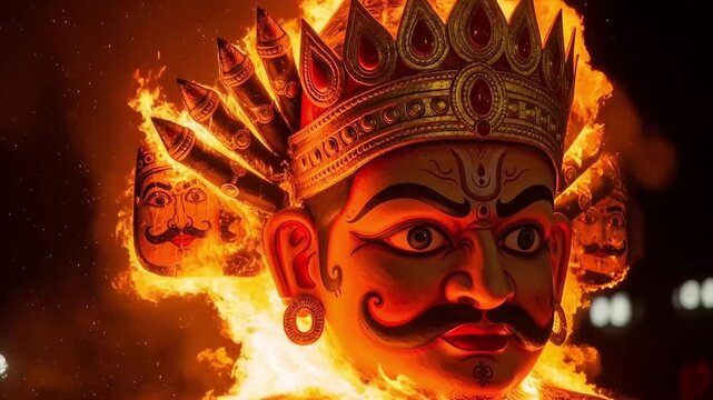 Burning Effigy of Ravana Depicting Indian Cultural Festival Celebration