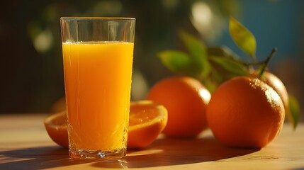 Fototapeta premium A glass of vibrant orange juice sits beside fresh oranges on a sunlit wooden surface.