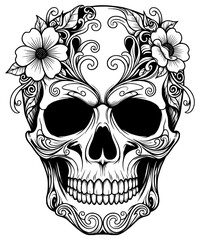 Floral Skull Svg. Ornate sugar skull with floral and swirl details, a beautiful and intricate vector illustration for Day of the Dead, gothic, and tattoo designs.