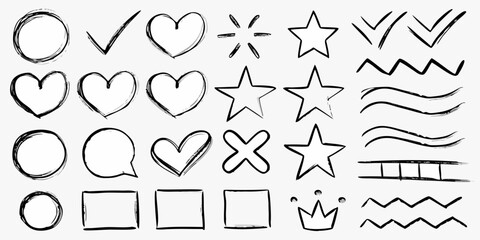 Collection of hand drawn sketch elements including hearts stars circles check marks speech bubble crown and squares