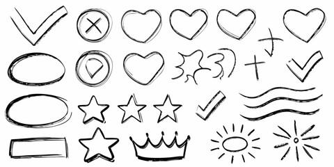 Collection of hand drawn sketch elements including hearts stars checkmarks crosses circles and a crown