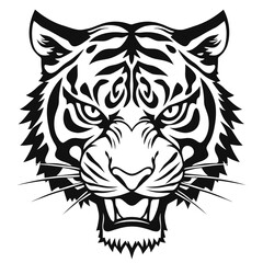 Fototapeta premium Powerful and Fierce Roaring Tiger Head Illustration - Dynamic Black and White Wildlife Design Symbolizing Strength and Untamed Energy