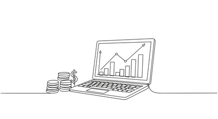 Minimalistic financial dashboard with laptop and coins in line art  