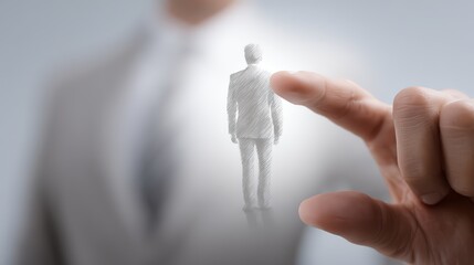 A businessman holds a miniature figure, symbolizing control and leadership in the workplace.
