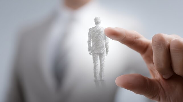 A businessman holds a miniature figure, symbolizing control and leadership in the workplace.