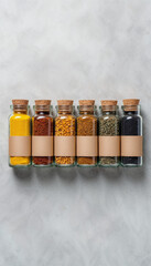 Neatly arranged glass spice jars on textured gray surface, minimalistic studio shot