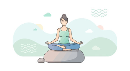 Woman In Lotus Position On Stone Against Serene Backdrop Of Mountain Scenery