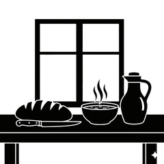 Cozy winter home sets vector art of a black and white still life of bread, soup, and a pitcher on a table by a window vector