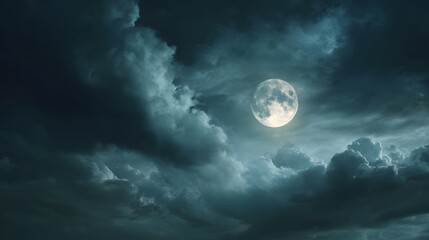 Fototapeta premium A full moon, bathed in pale light, illuminates a dramatic sky filled with dark, brooding clouds.