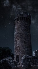 Stunning medieval stone tower under a starlit night sky, perfect for fantasy and historical projects