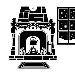 Cozy winter home sets vector art of a black and white fireplace with a kettle, garland, and a window with snow vector