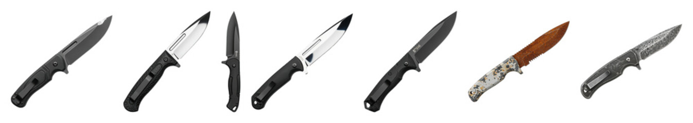 Obraz premium Tactical knife set including folding, fixed blade, black, silver, and weathered designs isolated. Outdoor utility and survival collection.