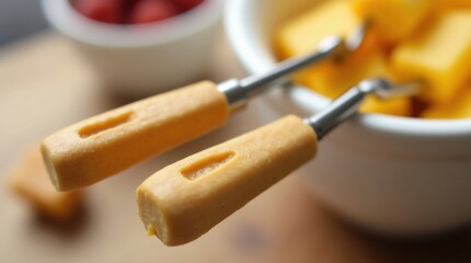 Close-up detail fondue fork tips two-pronged design heat-resistant handles showing craftsmanship quality construction neutral background

