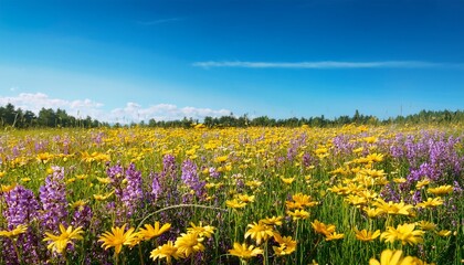vibrant meadow scene with bright yellow flowers and soft purple blooms under clear blue sky