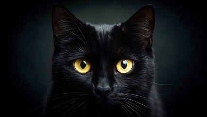 Close-up of a Black Cat with Striking Yellow Eyes Against a Dark Background