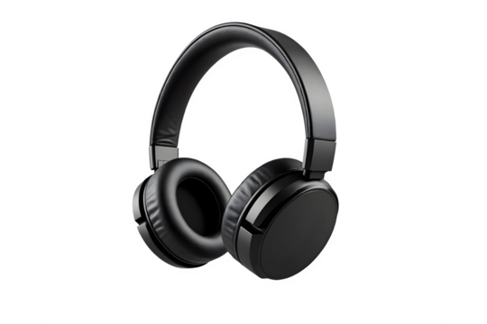 Modern black over-ear headphones featuring plush earcups and adjustable headband for immersive audio experience transparent background
