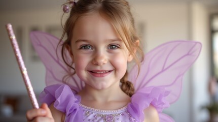 Fototapeta premium Close-up portrait smiling little girl pastel purple fairy wings glittery dress holding magic wand birthday celebration indoors
