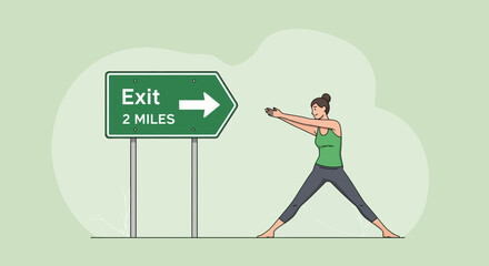 Woman Performing Yoga Near An Exit Road Sign Representing Stress Relief
