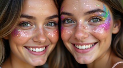 Close-up portrait two best friends elaborate rainbow glitter makeup cheeks around eyes facing camera big smiles beautiful artistic cosmetics

