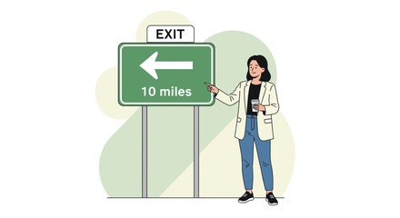 Woman Points At Exit Sign Advising Route Change For Better Direction And Lifestyle