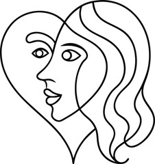 Abstract minimal face silhouette merging with heart shape isolated on white background isolated on transparent background