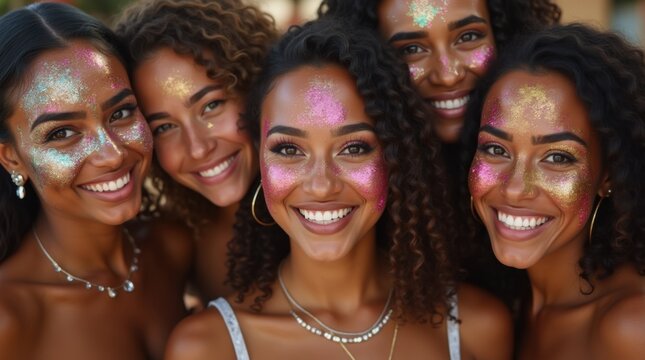 Group diverse young women friends wearing colorful glitter makeup faces festival party sparkling silver gold decorations bright studio lighting celebrating together

