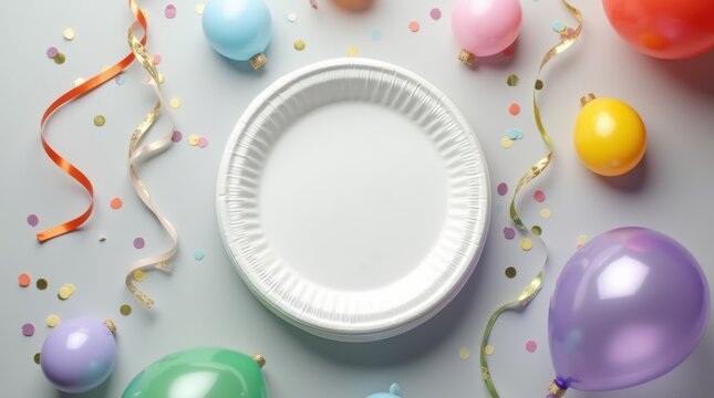 Top view stack empty disposable birthday plates colorful balloon decorations streamers light gray background after party cleanup concept

