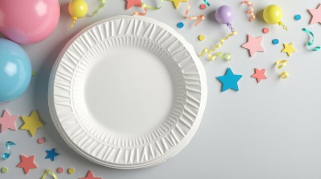Top view stack empty disposable birthday plates colorful balloon decorations streamers light gray background after party cleanup concept

