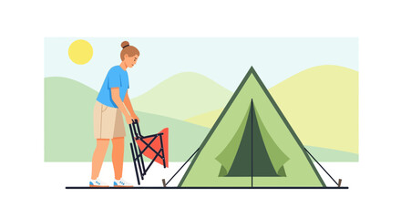 Fototapeta premium Woman Prepares Relaxing Camping Spot Near A Tent On Summer Holiday