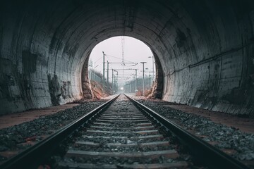 Circular Perspective: A Train Track Journey Through an Arcane Tunnel with an Approaching Train in the Distant Glow