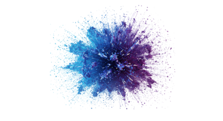 Luminous blue, purple, iridescent white particle core exploding into dynamic sparkling dust and streaking trails on a transparent background, concept of breakthrough and innovation