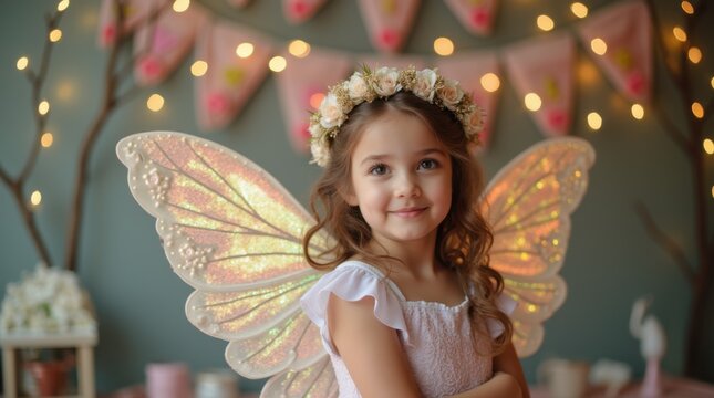 Vertical shot girl iridescent fairy wings posing gracefully fairy-themed birthday party twinkling lights flowers background