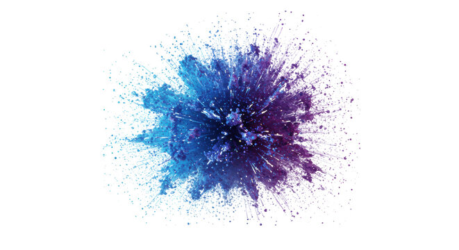 Luminous blue, purple, iridescent white particle core exploding into dynamic sparkling dust and streaking trails on a transparent background, concept of breakthrough and innovation