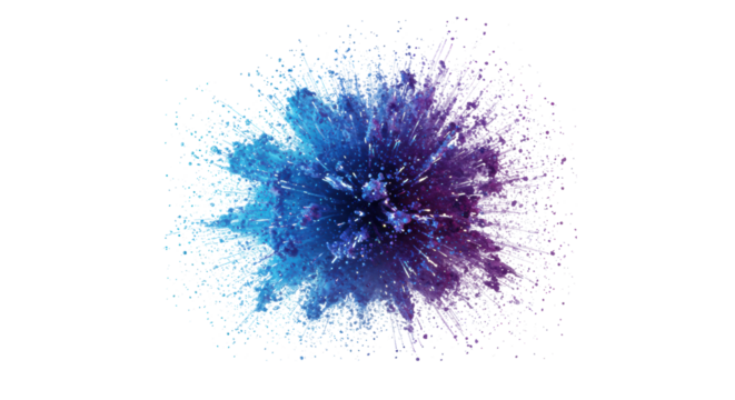Luminous blue, purple, iridescent white particle core exploding into dynamic sparkling dust and streaking trails on a transparent background, concept of breakthrough and innovation