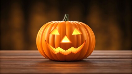 Fototapeta premium Glowing Jack-o'-lantern on a Wooden Surface with Blurred Background