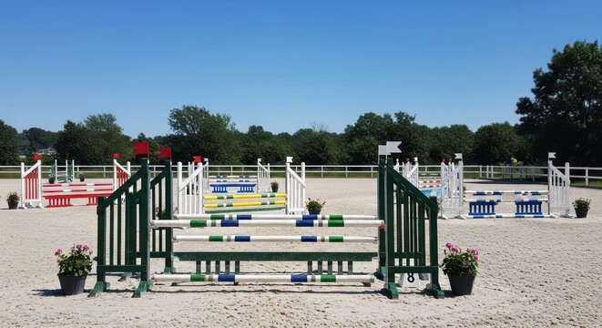 Outdoor equestrian course with colorful jumps on sunny day