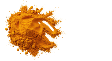 Finely ground vibrant yellow-orange turmeric powder dynamically scattered on a smooth white matte studio surface, high-key lighting, deep depth-of-field, natural culinary ingredient concept