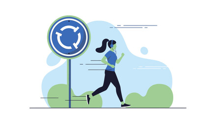 Woman Running In The Park Near A Roundabout Road Sign Illustration