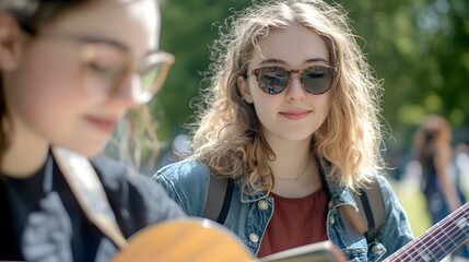 Two Teenage Girls Playing Acoustic Guitar Outdoors