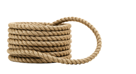 A robust, thick natural fiber hemp/jute rope with detailed twisted strands, coiled in foreground, curving upwards on a transparent background, concept of foundational strength and resilient solutions.