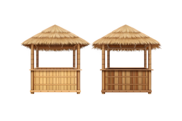Two traditional thatched roof market stalls or kiosks made of natural wood in a tropical style transparent background